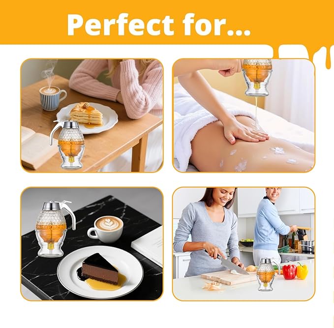 Honey Dispenser, 8oz Hunnibi Honey Container Dispenser No Drip Glass With Stand, Bee Container & Coffee Syrup Jar For Tea Time & Gifting, Elegant Comb Pot Bottle For Maple Syrup Bee