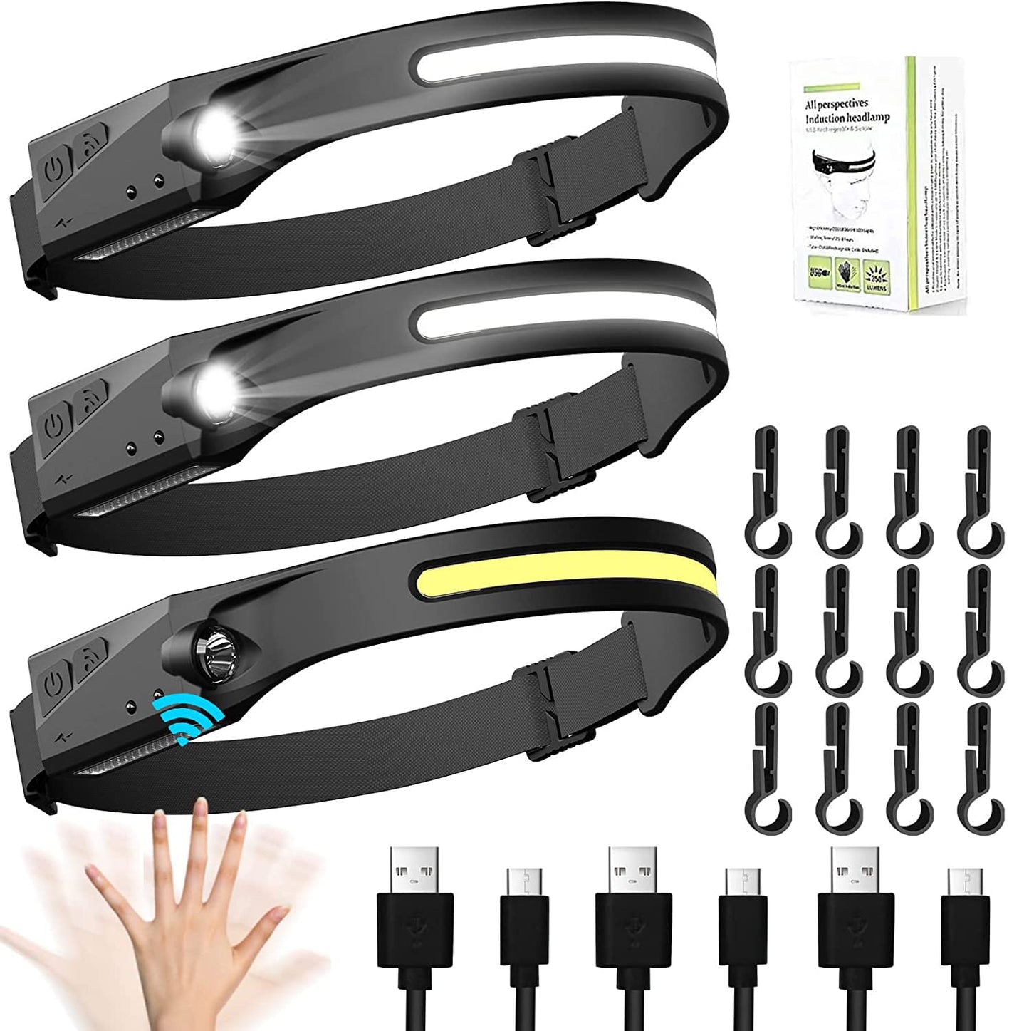 LAKUMIQI Rechargeable LED Headlamp, Motion Sensor, 230° Wide Beam, Black, Model HEADLAMP HEADBAND-3
