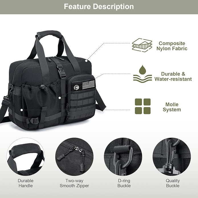 Tactical Travel Bag for Men Women, 15.6 Inch Laptop Bag Weekender Overnight Bag Carry on Bags for Airplane for Travel, Trip, Gym, Yoga with Adjustable Shoulder Strap Black