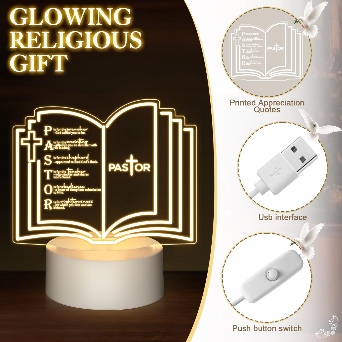Kosiz 4 Pcs Pastor Appreciation Gift Led Night Light Christmas Christian Gifts Engraved Thank Clergy Sayings Acrylic Lamp With Base Religious Decor Men Women Clergy Staff Retirement (Stylish Pastor)