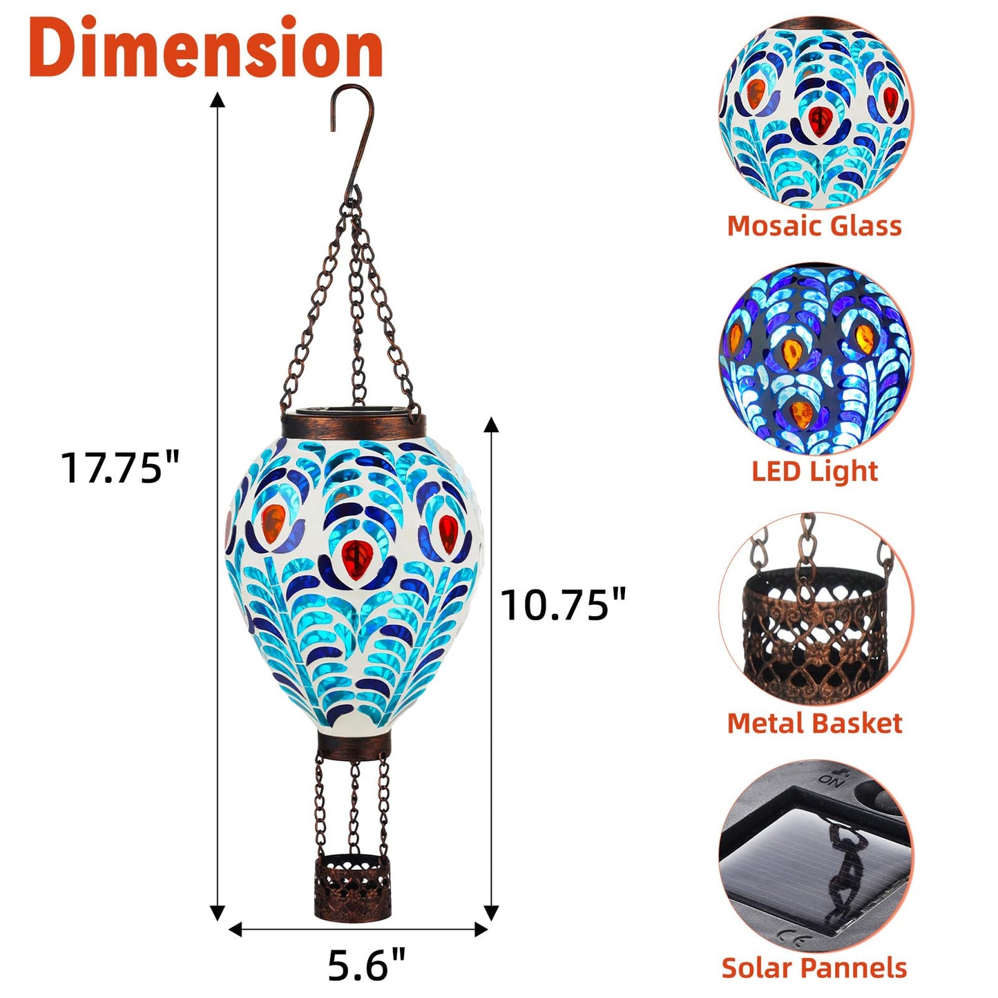 Voreen Hot Air Balloon Solar Lantern  Handmade Mosaic Solar Outdoor Hanging Wind Light  Waterproof  Patio Festive Decor  Gift For Mom Wife Friend  Peacock Feather Design