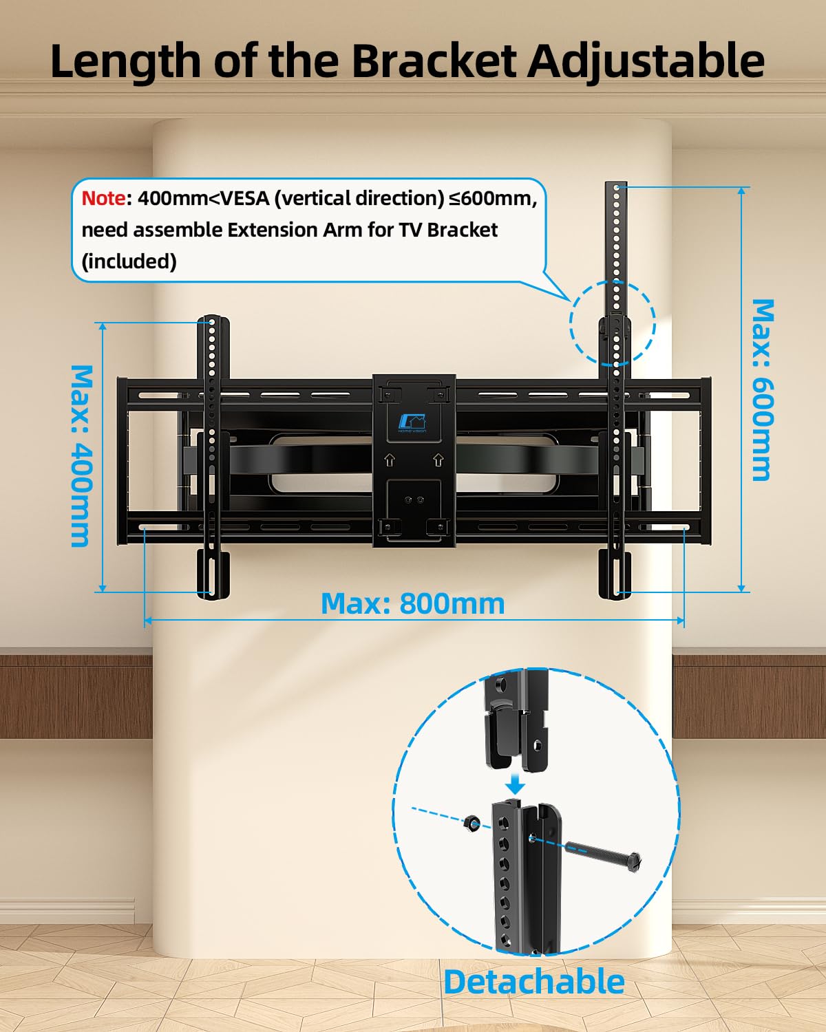 HOME VISION Full Motion Long Arm TV Wall Mount Bracket, Fits 75, 80, 85, 86, 98, 100 inch Flat or Curved TVs Up to 800x600 VESA & 165LBS, TV Mount with Full Motion, Swivel, Tilt, Extension, Heavy Duty