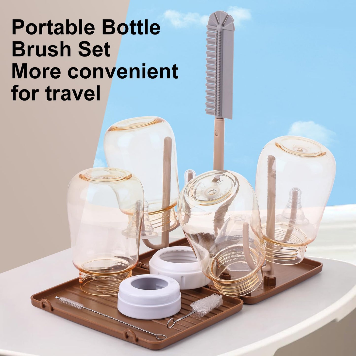 DIJIAMEIYA Baby Bottle Drying Rack，Travel Baby Bottle Drying Rack Set, Cleaner Kit with Silicone Bottle Brush,Straw Brush, Suitable for Home use or Traveling with Babies (Coffee Color)