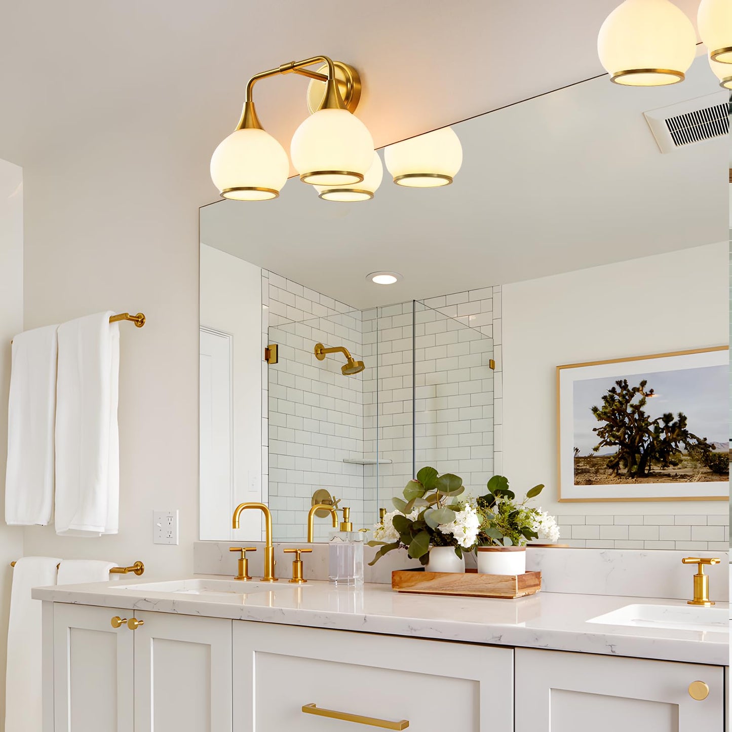 Hahzt Brushed Gold Bathroom Light Fixture, 2-Light Vanity Sconce, Milky White Frosted Glass Shade, Model 8033Ml