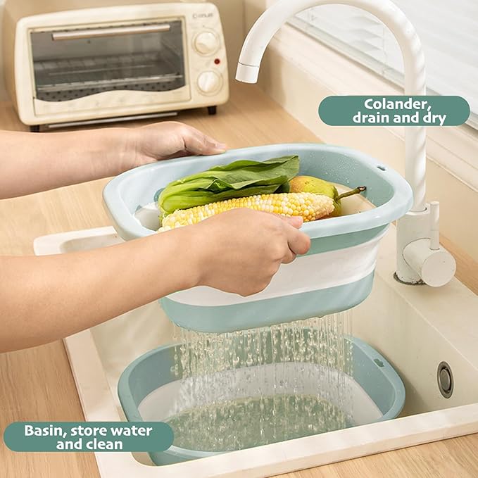 Collapsible Colander and Sink Basin Set 4 QT - 2 Pack Set Collapsible Strainer with Collapsible Wash Basin for Kitchen, RV Camping, Foldable Fruit Vegetable Washing Basket, 4 QT, Blue