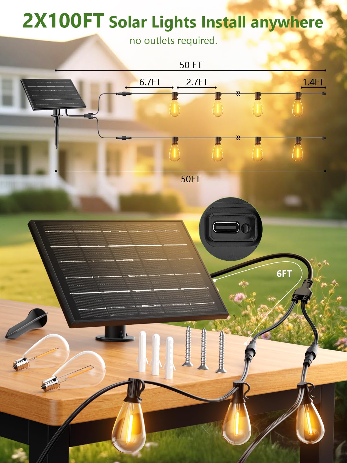 Luckystyle 200Ft Solar String Lights Outdoor Waterproof 2200K With Remote & Usb Charging  72+4 Led Shatterproof Bulbs  Dimmable & Timable  3 Light Modes  Long Last For Garden Patio  Backyard  Camping