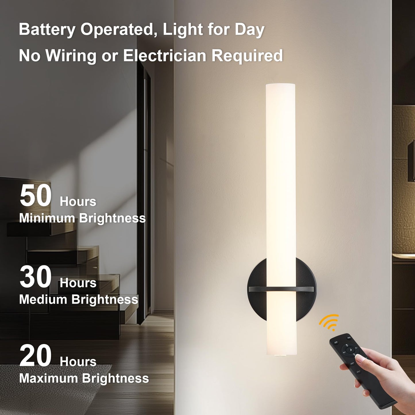 KARTOOSH Black Battery Operated Wall Sconce Set of 2, Dimmable 3000K-6000K, 18 Inch, Metal, Rechargeable, Remote Control