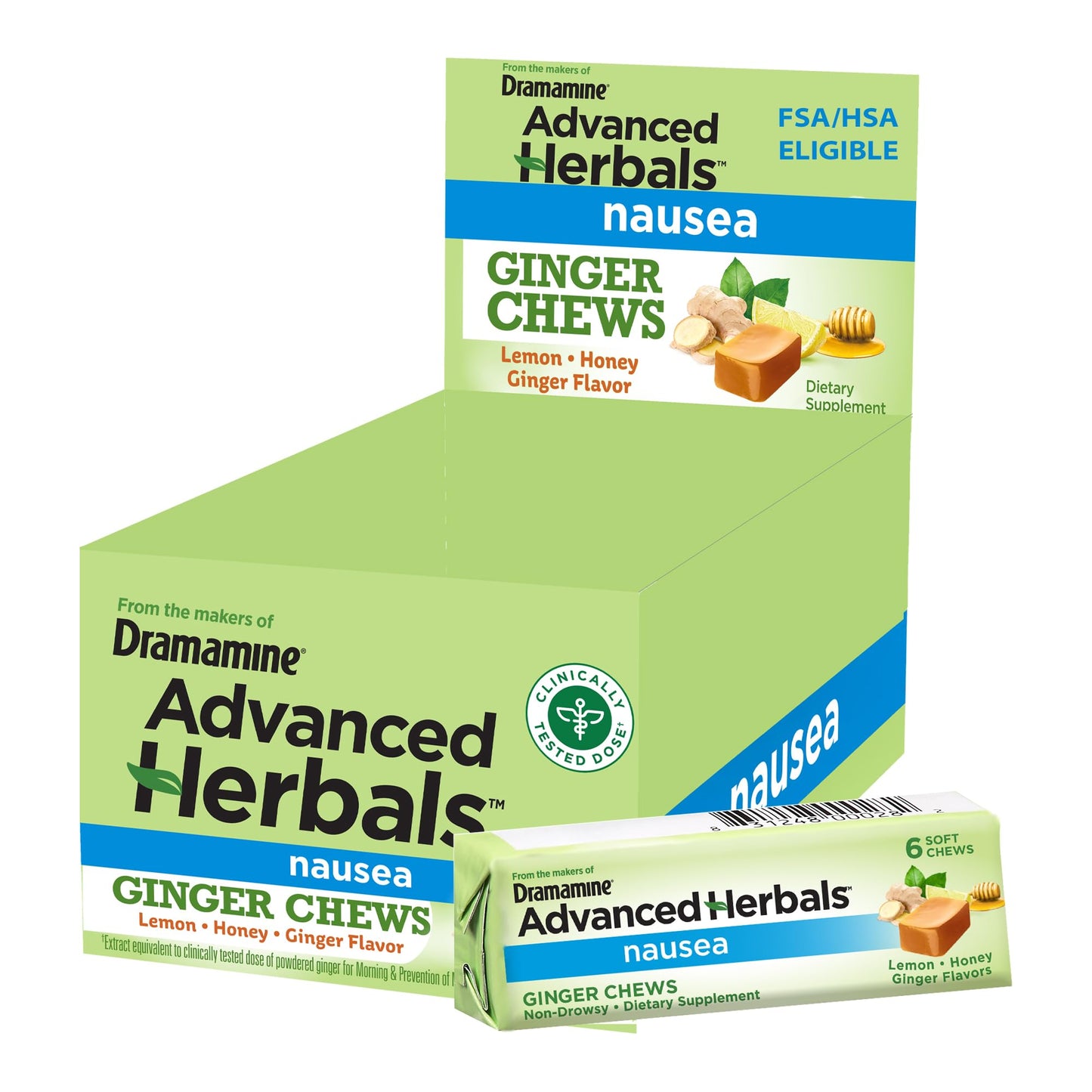 From the Makers of Dramamine, Advanced Herbals, Ginger Chews, Nausea Relief Soft Chews Lemon-Honey-Ginger, 6 Count, 12 Pack