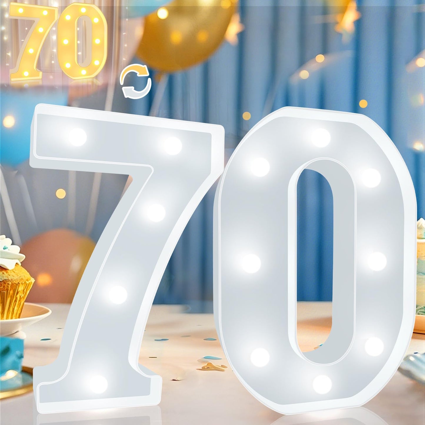 Pooqla LED Number 70 Birthday Decoration, Marquee Sign for Party Backdrop, Cool White & Warm White, Plastic, Model DENC-BP-01