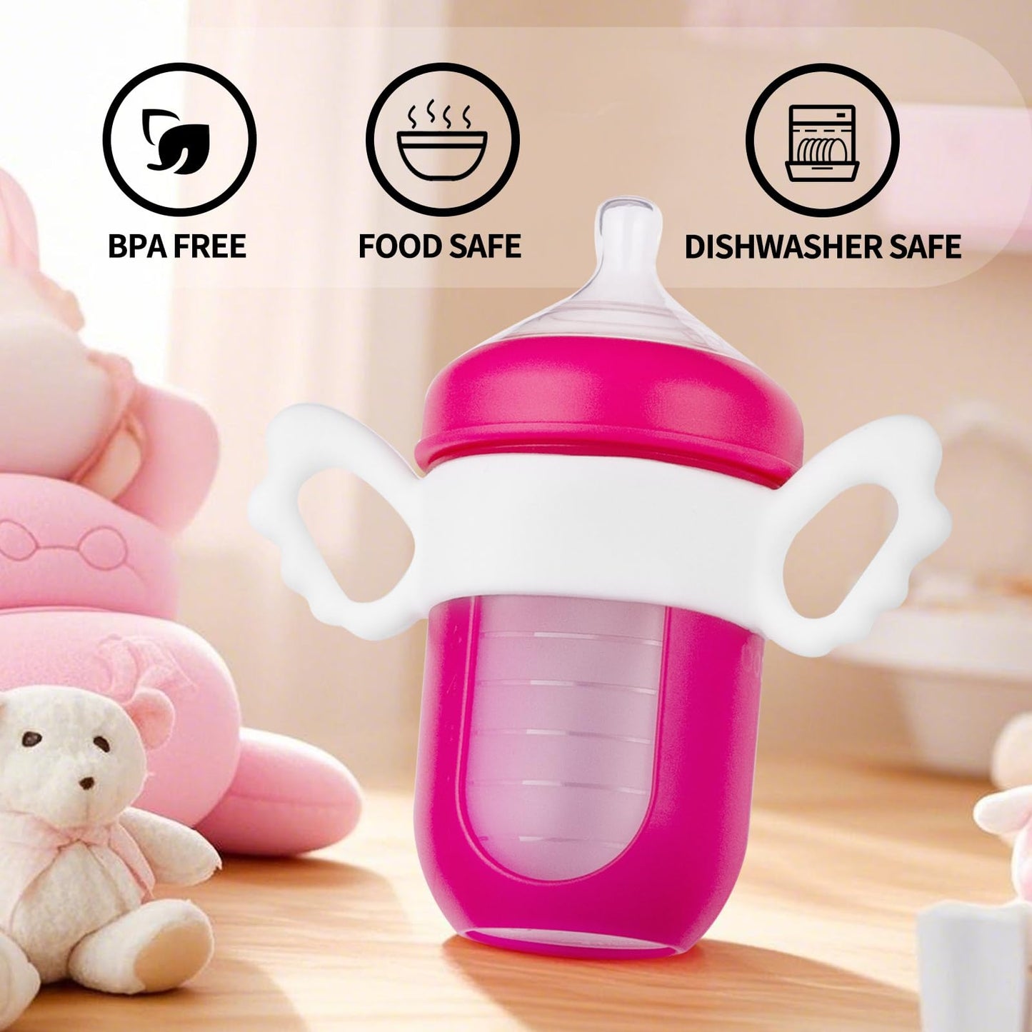 Ajrwiiy 3 Pack Baby Bottle Handles for Boon Nursh Reusable Silicone Pouch Baby Bottles, Silicone Bottle Holder for Easy Grip, Quick Install, Easy for Little Hands to Hold, Eay to Clean, White