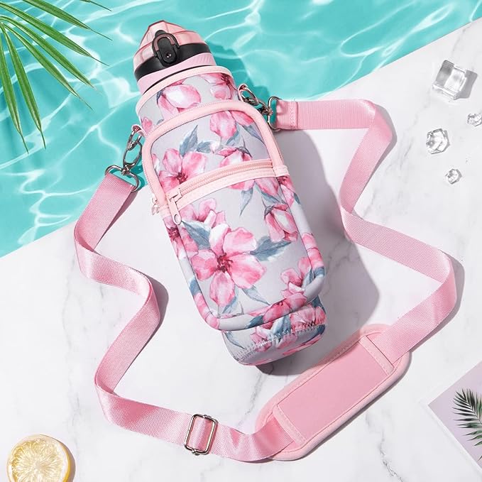 Fimibuke 32 oz Water Bottle with Sleeve - BPA Free Leakproof Sport Large 1L Plastic Motivational Water Bottle with Straw Strap & Insulated Neoprene Holder Carrier Bag Great Xmas Gift for Women Men