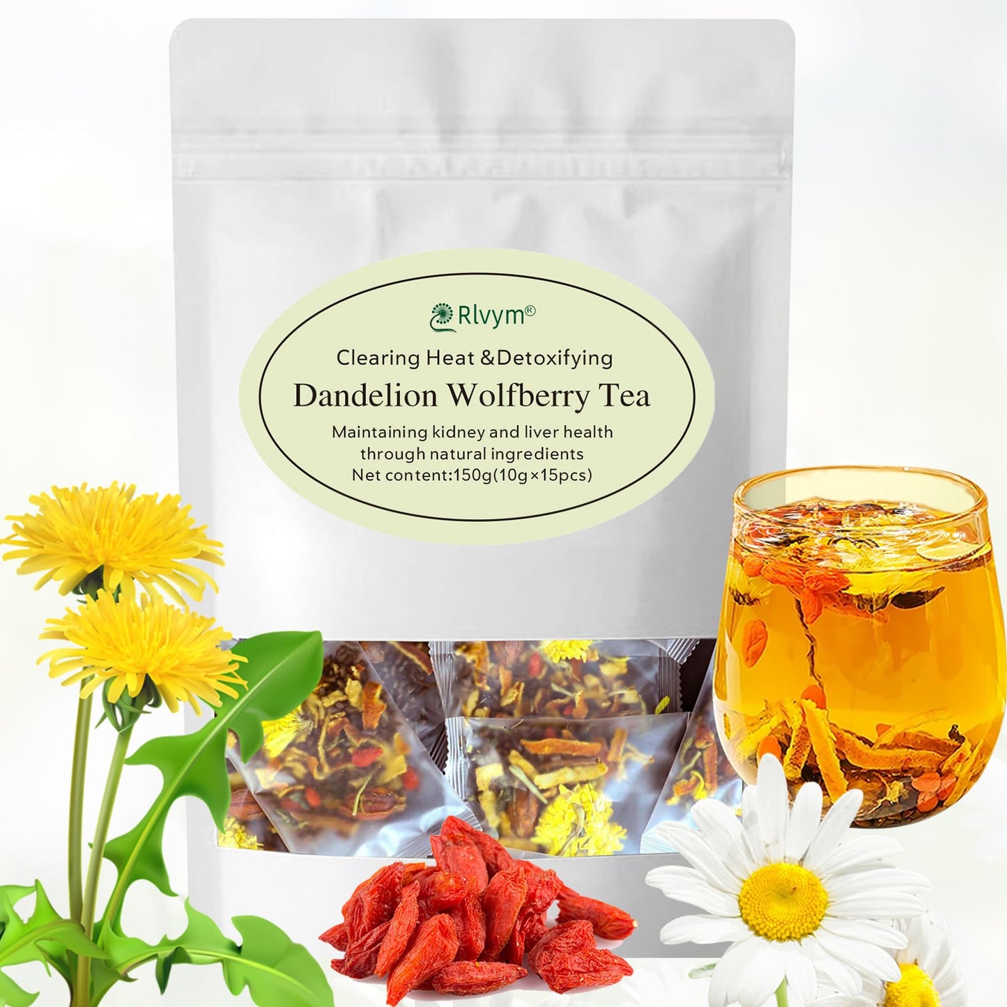 15Bags Dandelion Wolfberry Tea, Natural Kidneys & Liver Health Goji Berry Chrysanthemum Cassia Seed Tea, Seven Natural Herbal In