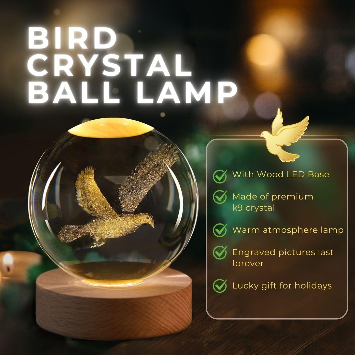 Flexzion 3D Bird Crystal Ball Night Light - Led Light Hologram Glass Lamp W/Solid Wood Base  Usb Powered Crystal Ball Lamp W/Adjustable Brightness For Home Decor Display Gift  3.15 Inch (80Mm)