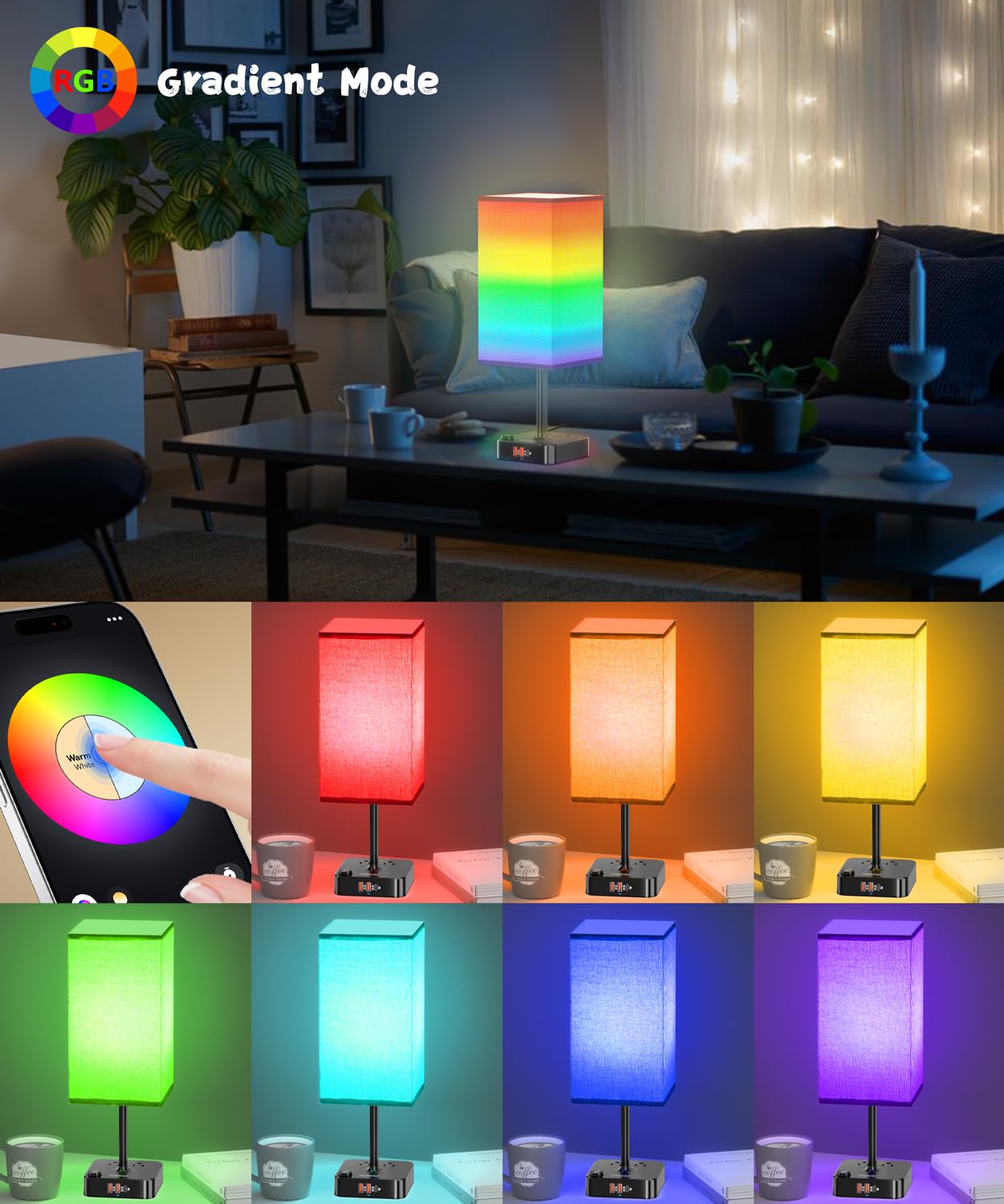 Rgb Table Desk Lamp With 16 Million Colors & Music Sync | Smart Color Changing Nightstand Light Stepless Dimmable Warm-Cool White + Usb Charging Ac Outlets For Gaming Home Office Bedroom Mood Lighting