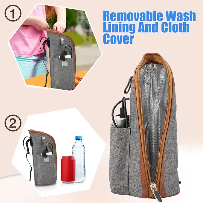 Milltrip USB Bottle Heated Cover - Portable Milk Warmer Bag with Adjustable Heating (37-42°C), Fits Most Baby Bottles - Fast & Even Heating for Travel, Car & Home Use (Gray)
