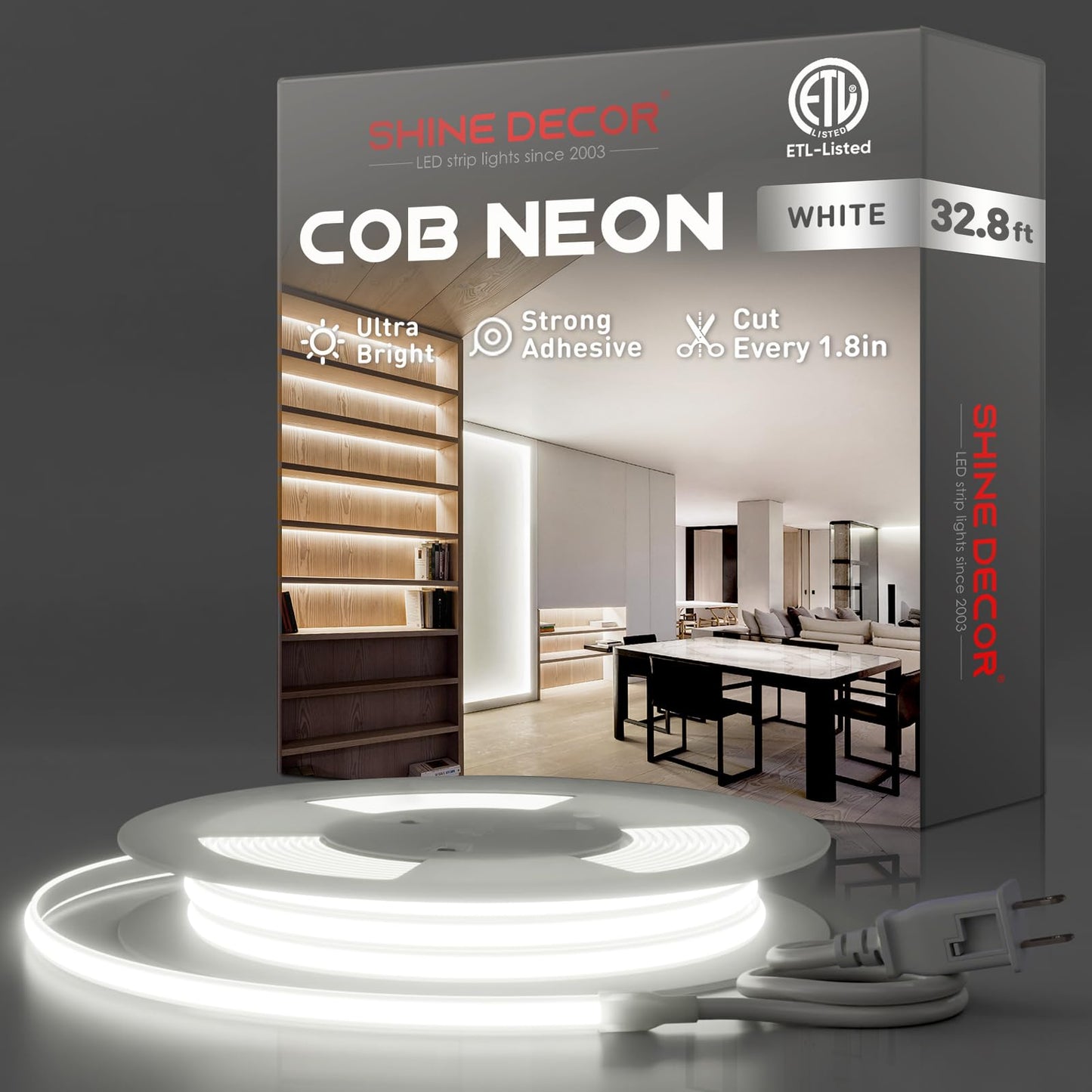 Shine Decor Cob Led Rope Light Ac 120V  800Lm Ultra Bright  Ip65 Waterproof Cold-Resistant Etl Neon Strip  No Driver Tape Lighting For Home Commercial 10X4.5Mm  6000K Cool White  32.8Ft