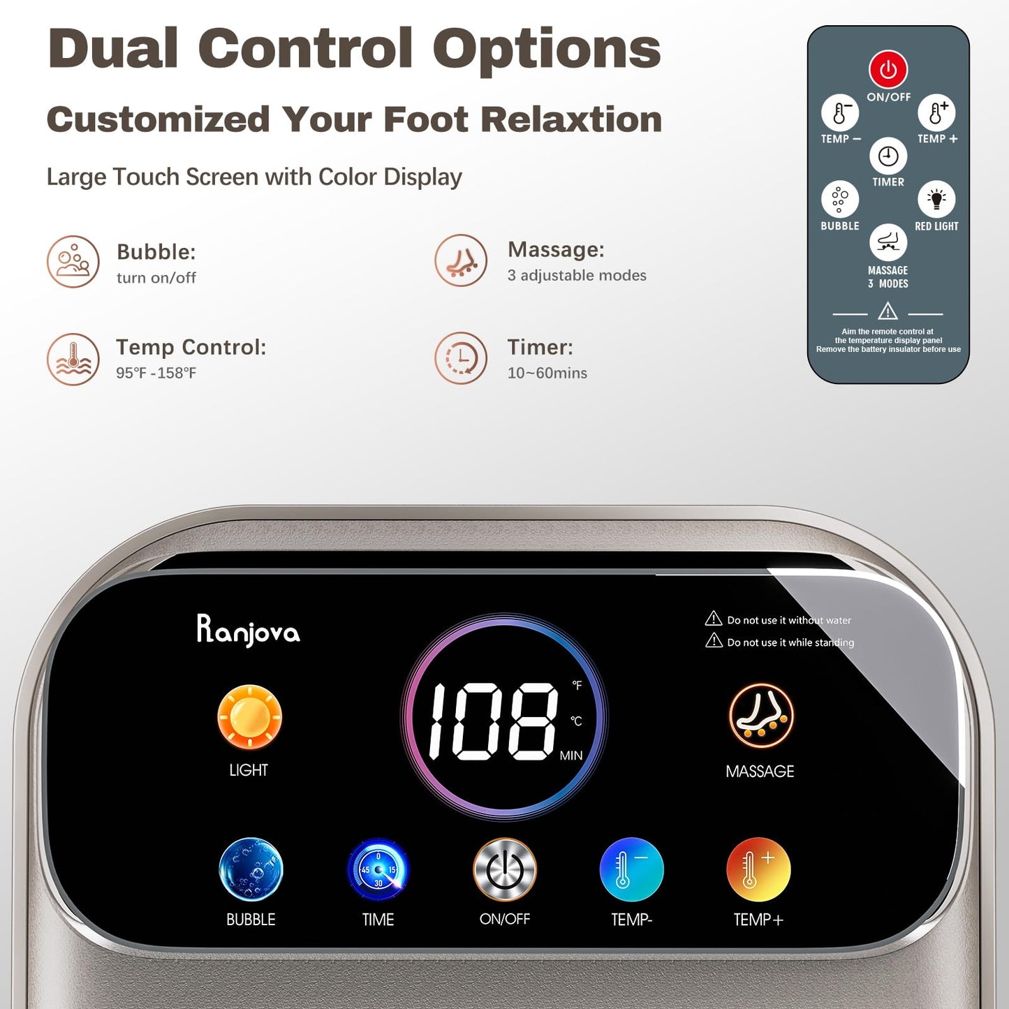Ranjova Foot Spa Electric Rotary Massage, with Touchscreen Pro Color Display, Collapsible Foot Bath with Heat, Bubble,Remote Con