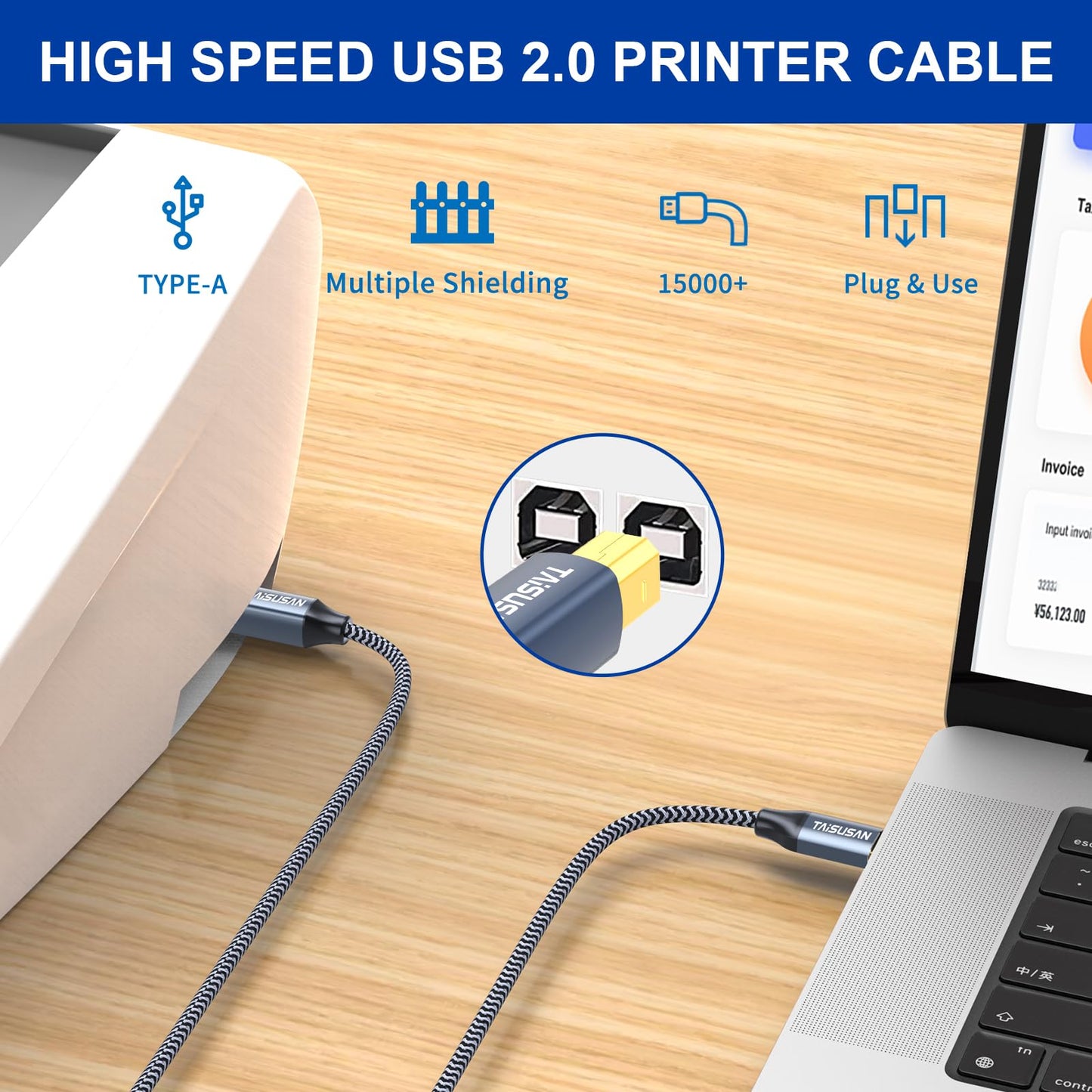 Taisusan 10Ft Usb C To Usb B Printer Cable - Compatible With Macbook Pro/Air, Printers And Scanners