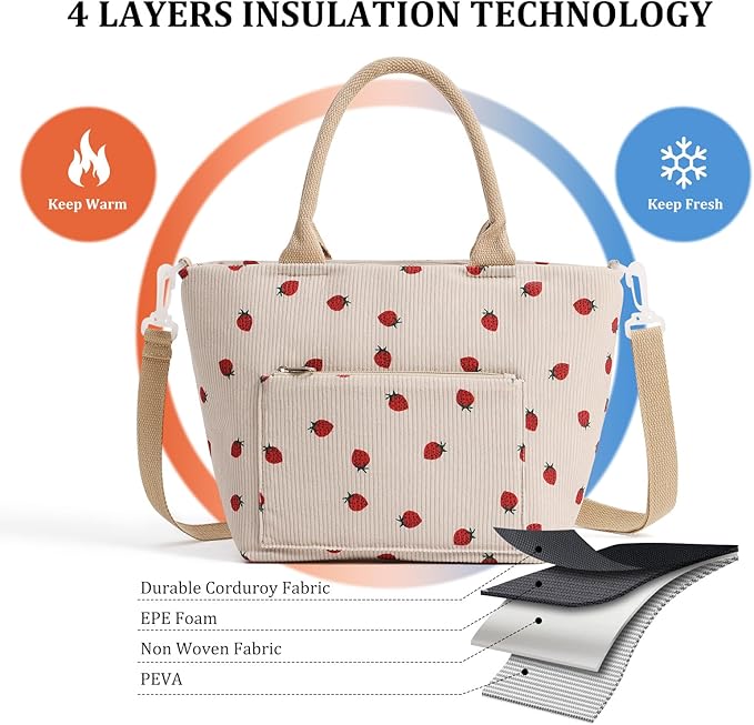 Lunch Bag for Women Adult Large Insulated Lunch Box Girl Cute Corduroy Lunch Tote Bags Reusable Leakproof Cooler Work Picnic