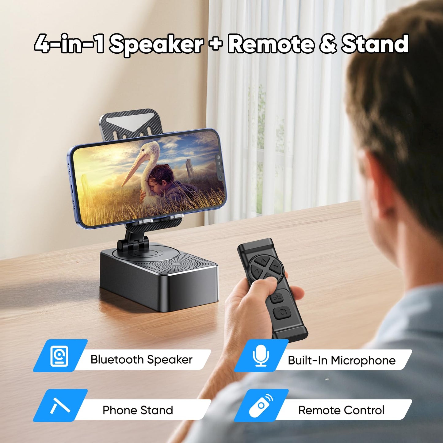 Gankoii Phone Stand With Speaker With Bluetooth 5.3,Phone Stand With Remote Control & Adjustable Height/Angle,Non-Slip Silicone