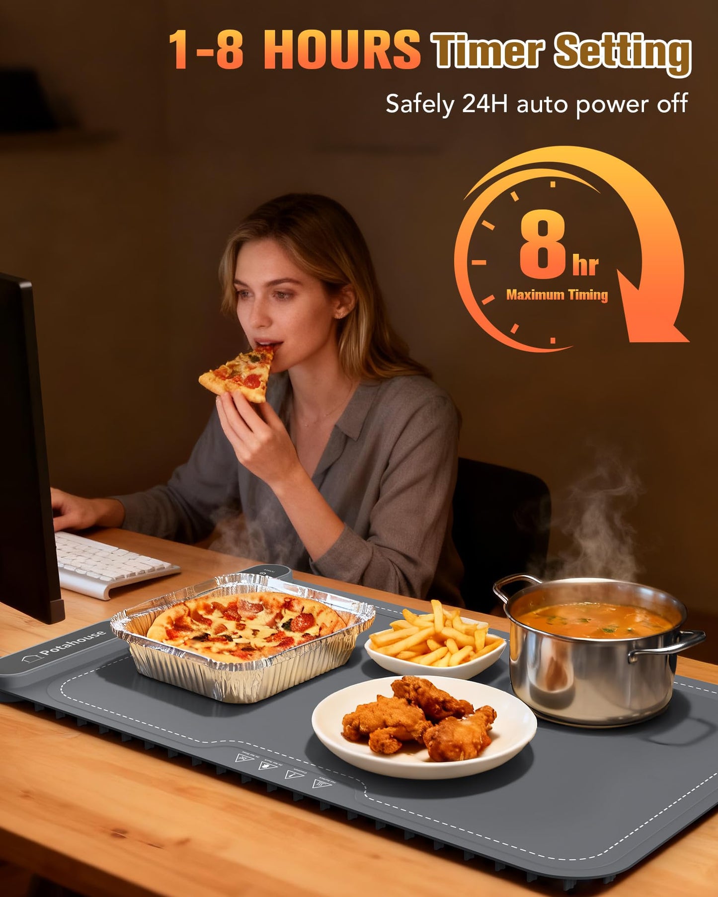 Potahouse Food Warming Mat, 5s Fast Heating,Electric Warming Tray with 7 Temp 8 Timer Settings,Rollable & Portable Food Warmer for Parties,Buffet,Home and Travel Use