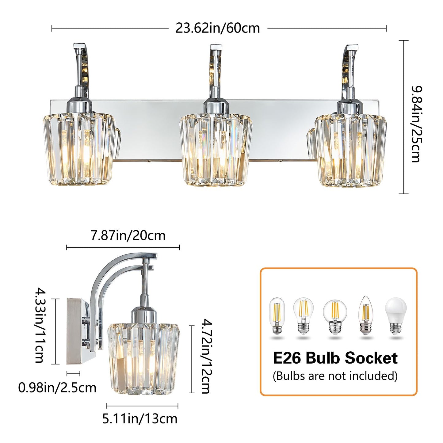 Fdpby Modern Bathroom Vanity Light  3-Light Chrome Wall Sconce With Crystal Accents  Over Mirror Bathroom Lighting Fixture  23.62 Long Dimmable Vanity Lamp For Makeup  Easy Installation