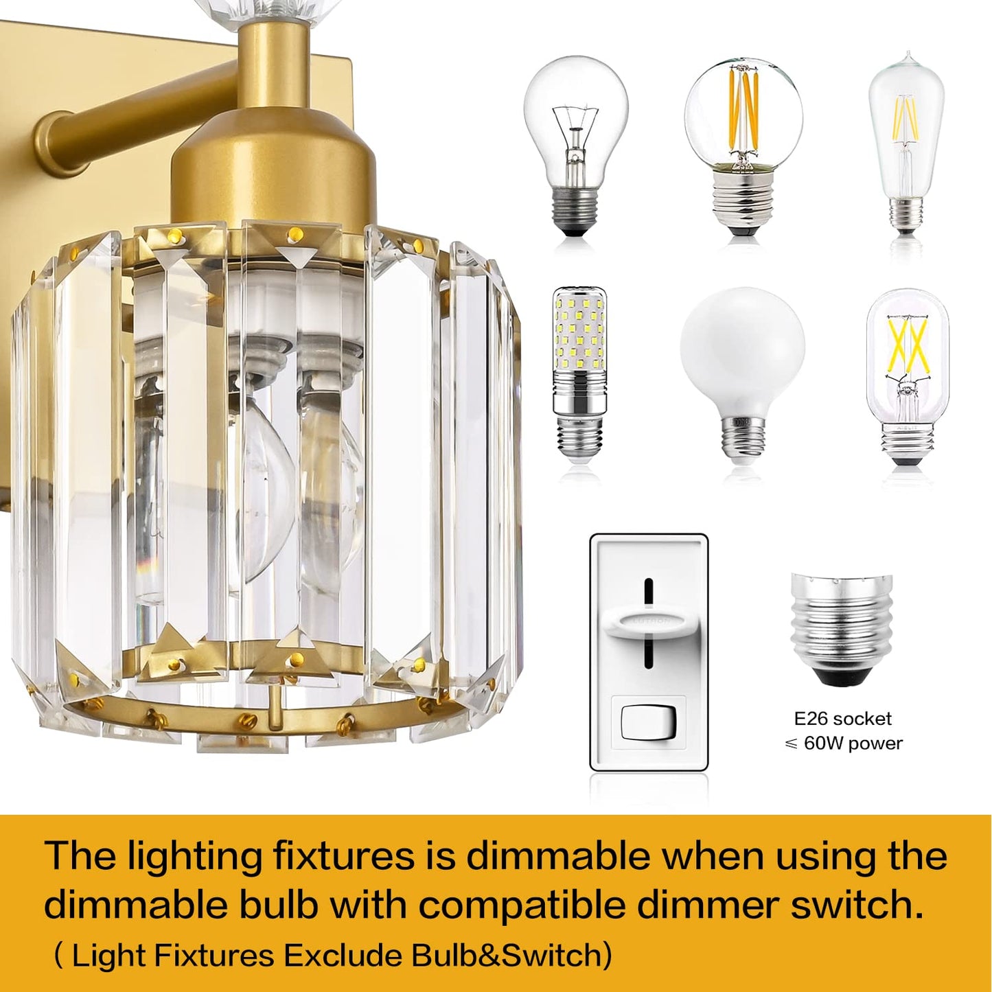Presde Modern Chrome 2-Light Bathroom Vanity Light - Stainless Steel, Gold Finish, Over Mirror Sconce