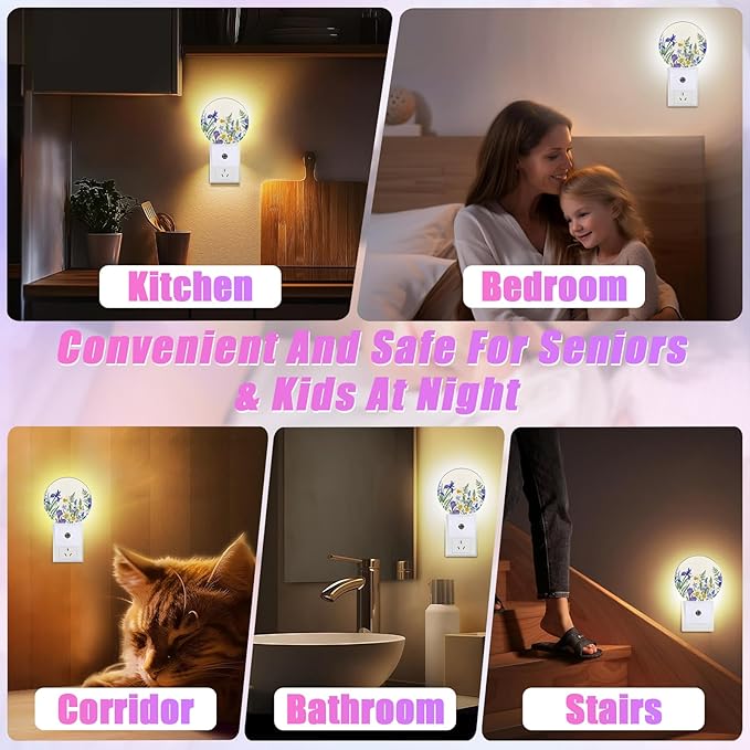 Wildflowers Night Light Spring Floral Night Lights LED Lamp Round Plug into Wall Nightlight with Dusk to Dawn Sensor Home Hallway Stairway Kitchen Decor