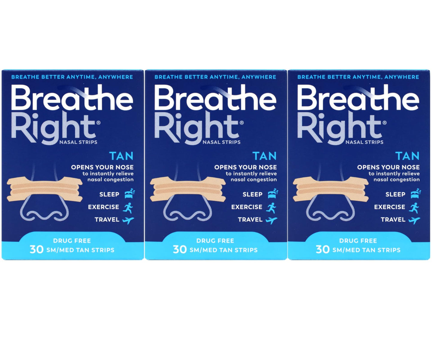 Breathe Right Nasal Strips Original Tan Small/Medium 30 ea (Pack of 3)