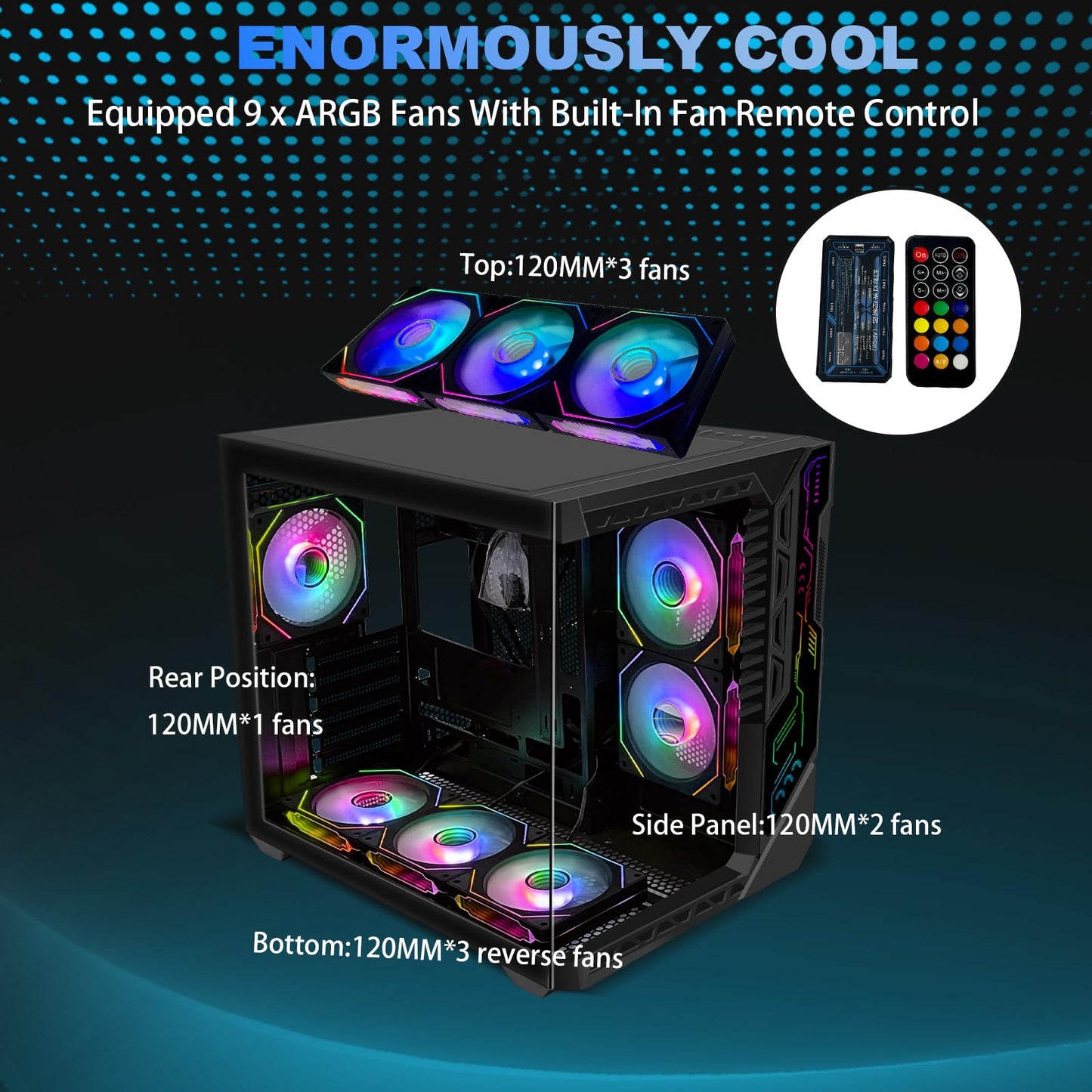 Pc Gaming Case With 9Pcs Argb Fans,Atx Mid-Tower Control Remote,Gaming Atx Case 360Mm Radiator Support,Pc Case Tempered Glass Fr