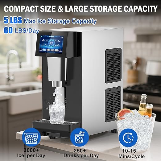 Nugget Ice Maker Countertop, 60 LBS/Day, 5LBS Ice Bin, Water Dispenser Countertop, Soft Chewable Pellet Ice Maker Machine Stainless Steel, Nugget Ice Machine Commercial for Bar, Café, Self-Cleaning