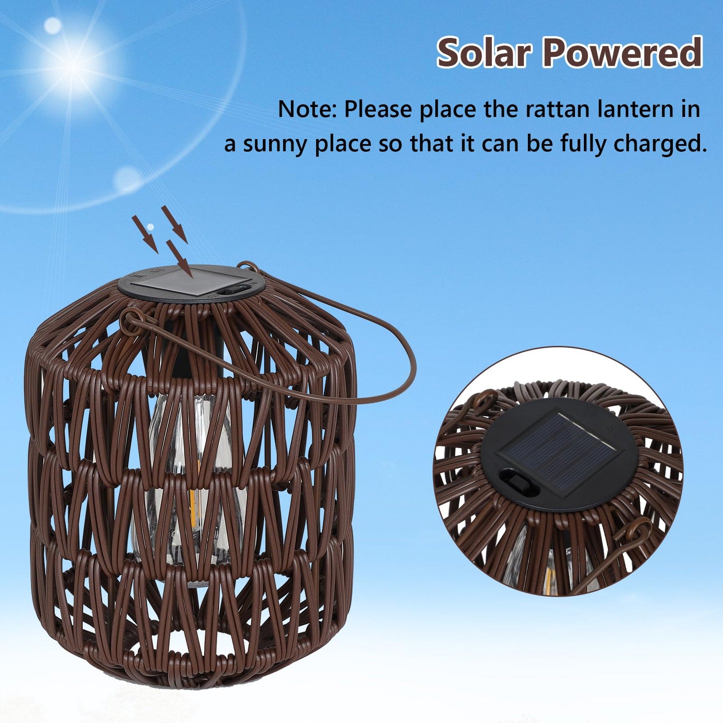 eyassi Rattan Outdoor Solar Lanterns, Waterproof Table Lamp, 2 Pack, Coffee, Plastic Rattan & Metal Frame, Model 250501A1