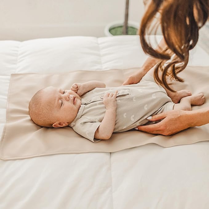 Konssy Faux Leather Baby Changing Mat, Waterproof, Wipeable & Portable Diaper Changing Pad for Travel or Home, Fits Perfectly in Diaper Bag, 30 x 17 inches (Brown,Beige)