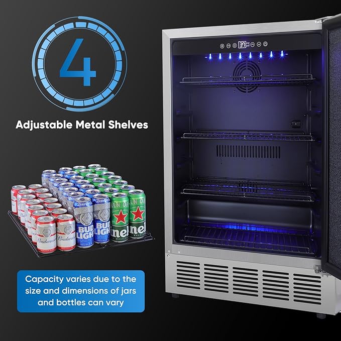 Outdoor 24 Inch Beverage Refrigerator, 180 Can Built-in or Freestanding Beverage Cooler, Stainless Steel Door, Waterproof and Fast Cooling & Low Noise - Home and Patio Use