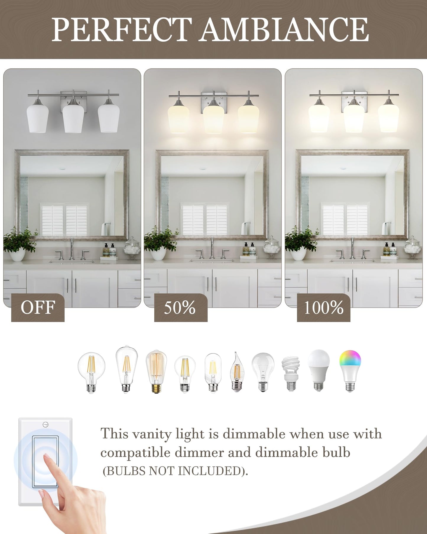 Osimir 3-Light Bathroom Vanity Light Fixtures, Brushed Nickel, Frosted Glass Shade, Model OS-YQ9167-3BNW, 21 Inch
