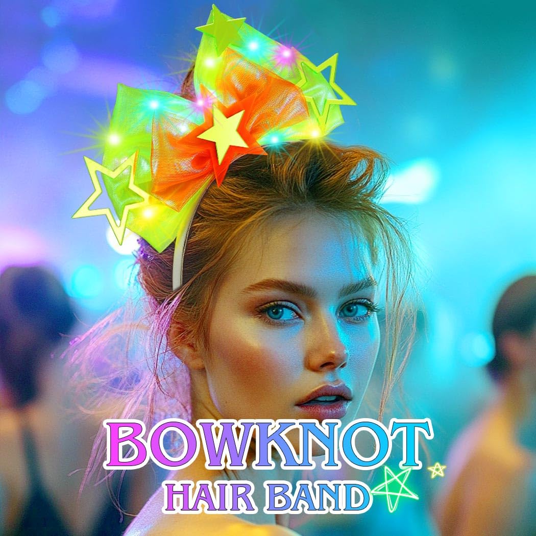 JONKY Light Up Bow Headband Yellow Bowknot Hair band Glowing Star Headpiece Costume Hair Accessories for Women (Yellow, one size