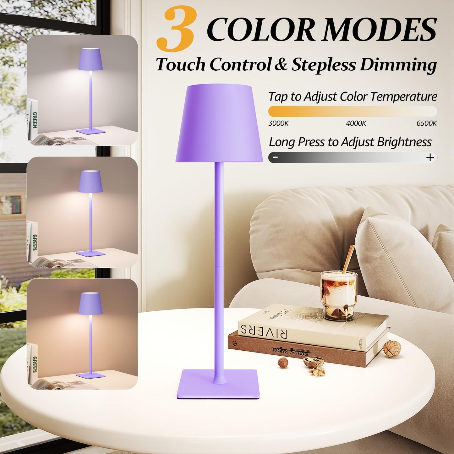 CHLORANTHUS Cordless Table Lamps, 2 Pack, Stepless Dimming, 5000mAh Battery, Purple, Model -15