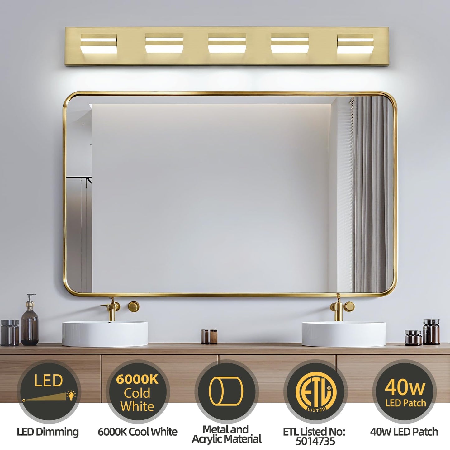 OKELI 5-Light Bathroom Vanity Light Dimmable LED 32W 36.2 Inch Gold Modern Over Mirror, Model OK-9553-5T-GL