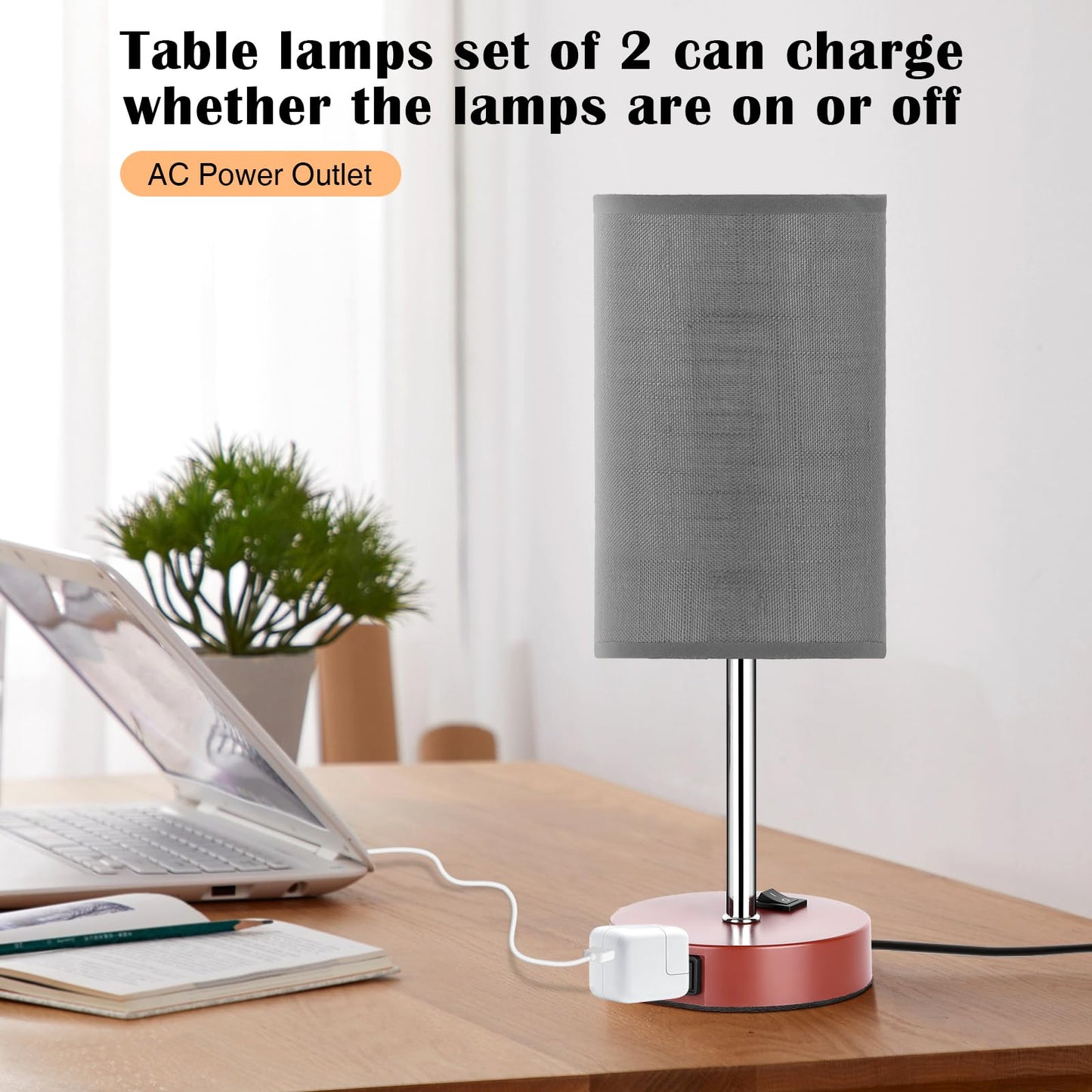 ZJOJO Table Lamp Set of 2, 3-Way Dimmable, Metal, Brown, Simple Round Model, with AC Outlets for Bedroom and Living Room