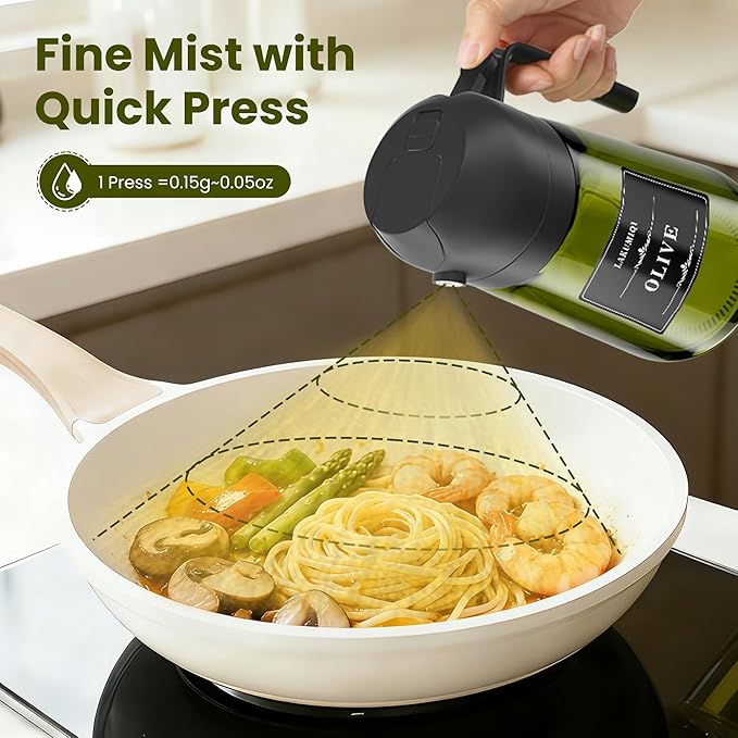 2 in 1 Oil Sprayer for Cooking 16oz, Green Light-Blocking Glass Olive Oil Dispenser Bottle, Food-Grade Oil Mister with 8 Stickers for Kitchen Salad Frying