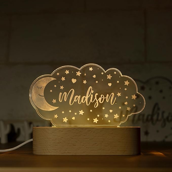 Night Light for Kids Room Personalized, Nursery Room Decor, Custom W/Name, Bedside Lamp, Birthday Gifts for Boys and Girls, Moon
