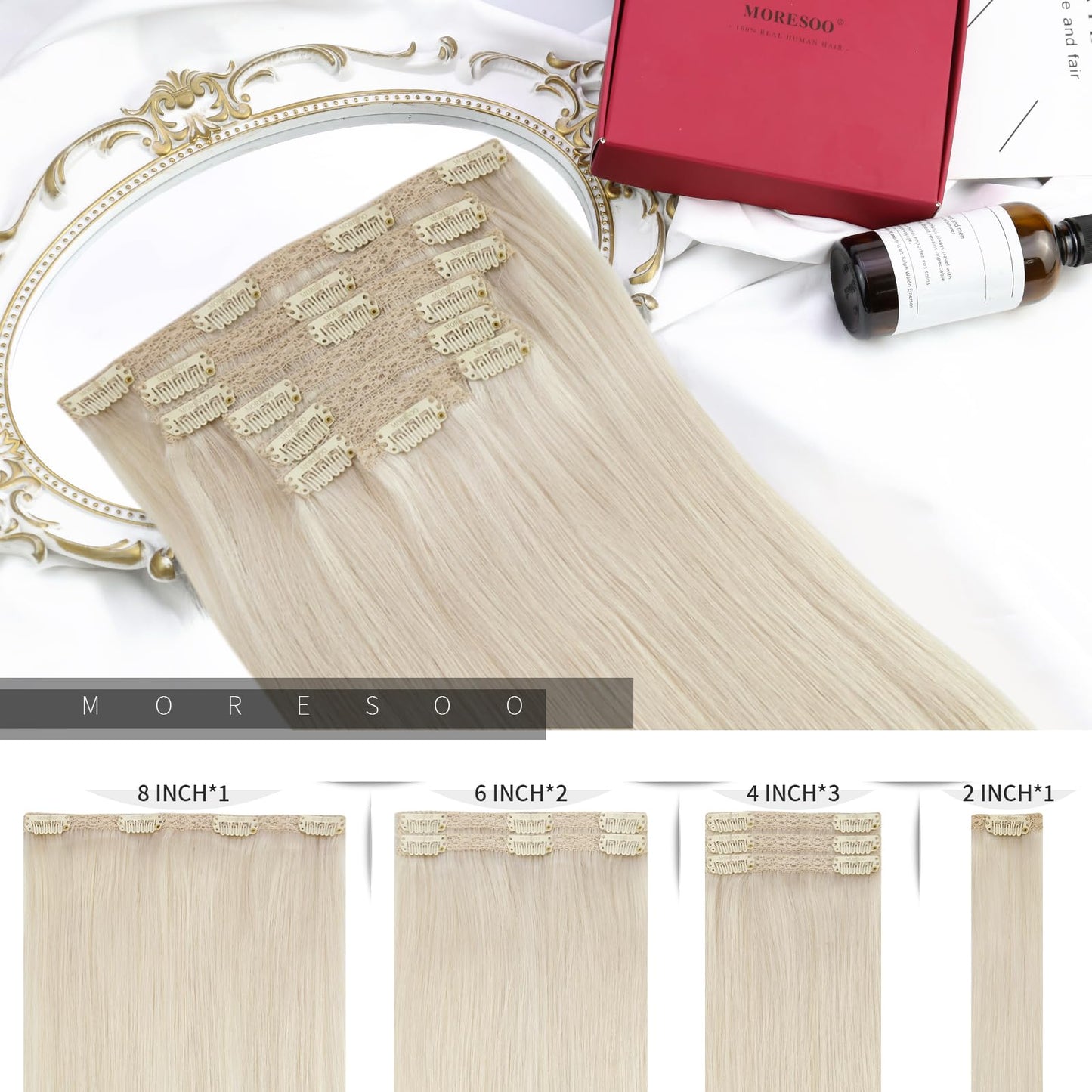 Moresoo Blonde Clip in Hair Extensions Remy Human Hair Platinum Blonde Human Hair Clip in Extensions #60 7Pcs/120G 20inch