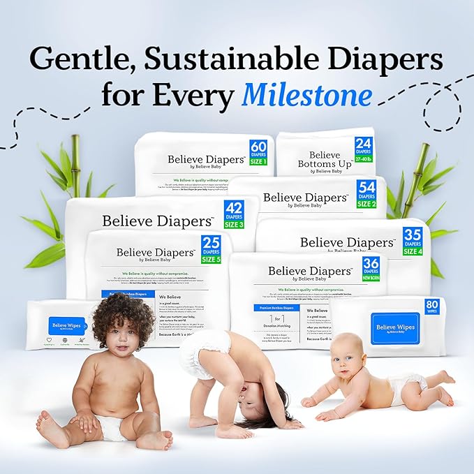 Believe Diapers Size Newborn (<10Lbs) Viscose Bamboo Diapers 36 Count – Natural Baby Diaper, Chemical Free and Fragrance Free Natural Diaper for Sensitive Skin, Super Absorbent with Leak Protection