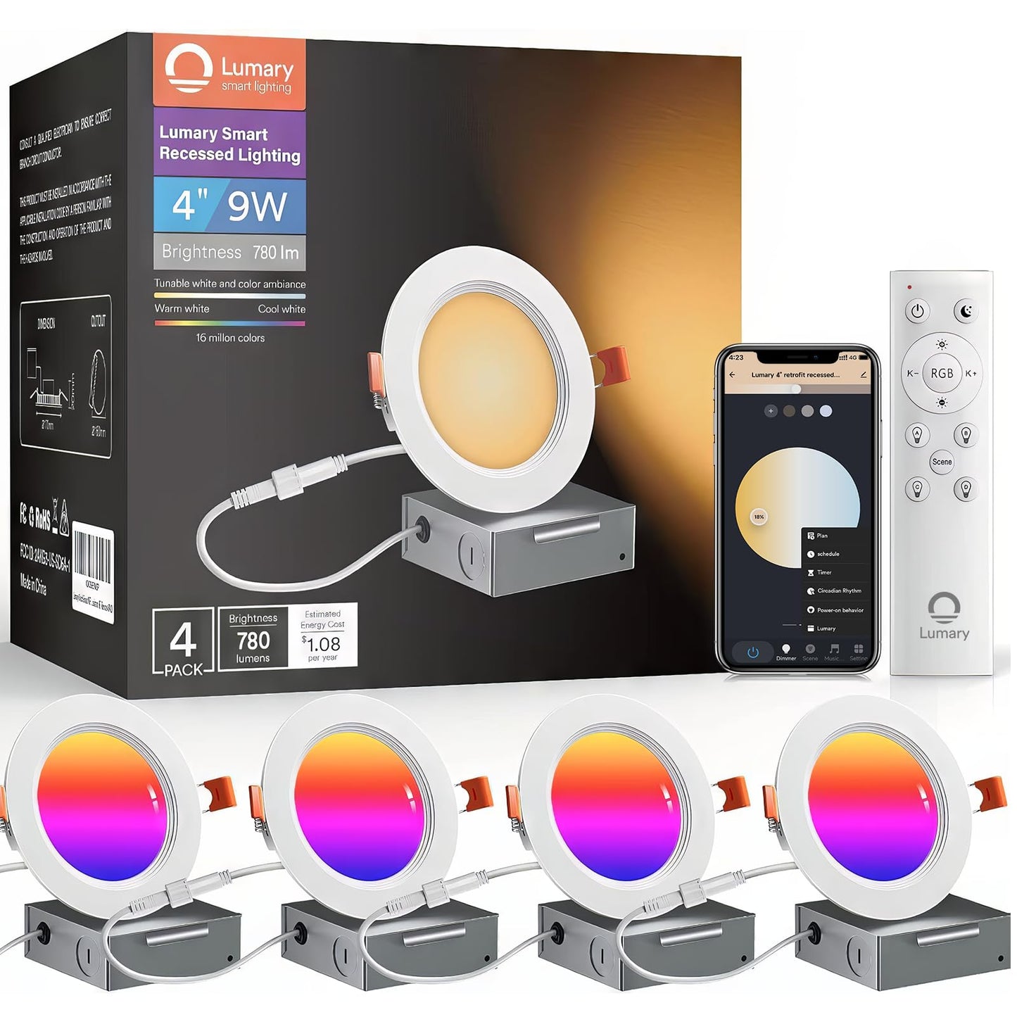 Lumary Smart Recessed Lighting 4 Inch With Remote  Compatible With Alexa/Google  Canless Wifi Led Wafer Recessed Lights  Rgbww Ceiling Downlight With J-Box And Metal Anti-Glare Baffle Trim  4Pack