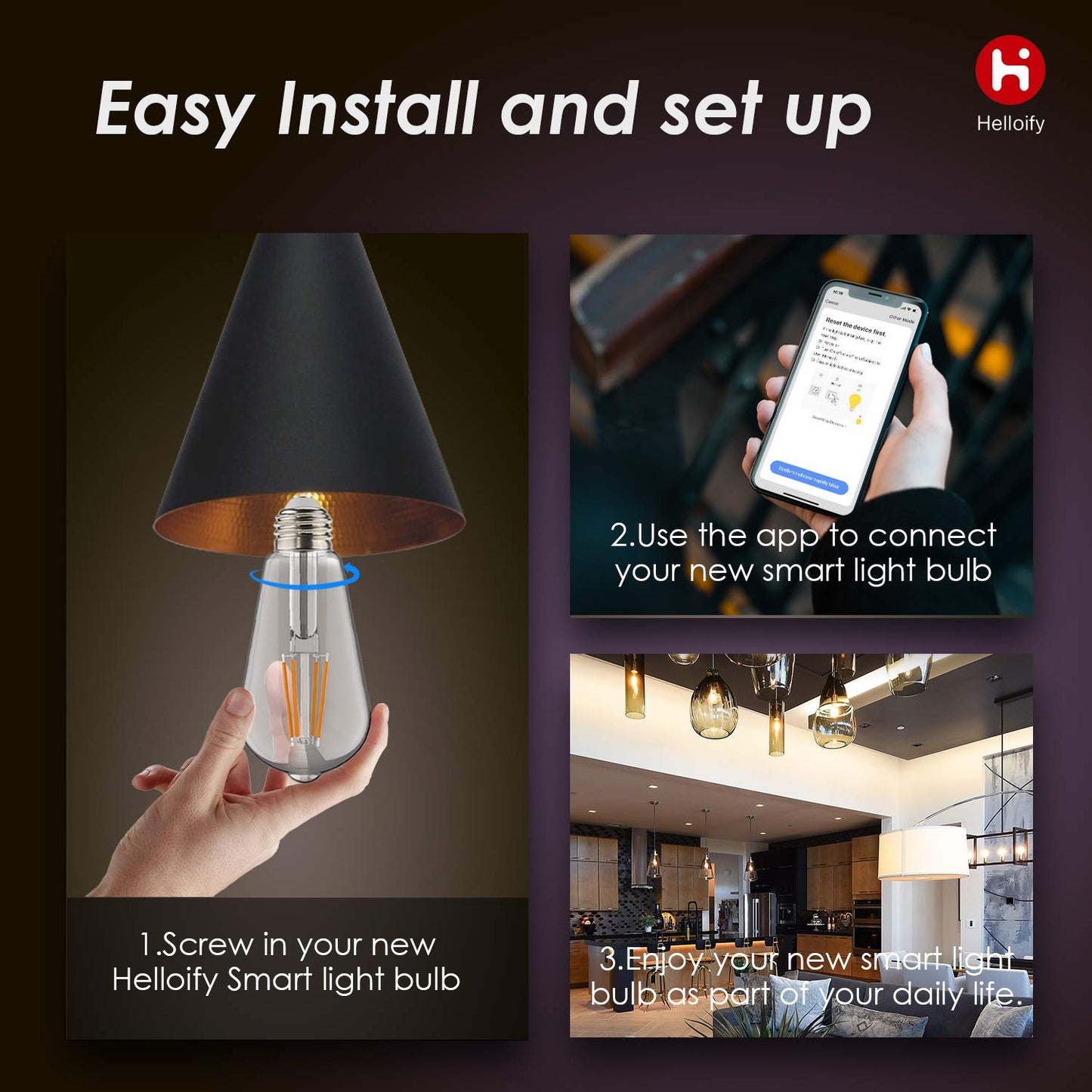 helloify WiFi LED Smart Bulb, Filament Vintage Style, ST64, 2 Pack, 2700K-6500K White Light, E26, 5 Watt