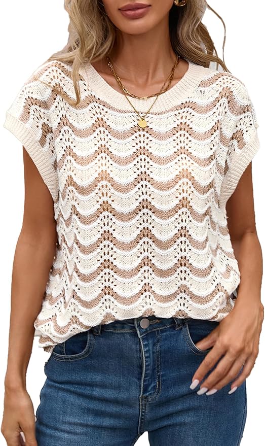 BreathSunny Womens Crochet Knit Swimsuit Coverup Beach Vest Summer 2025 Crewneck Cap Sleeve Striped Bathing Suit Cover Up Top