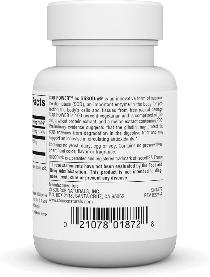 Source Naturals SOD Power As Glisodin, Superoxide Dismutase, Dietary Supplement 250mg - 30 Tablets