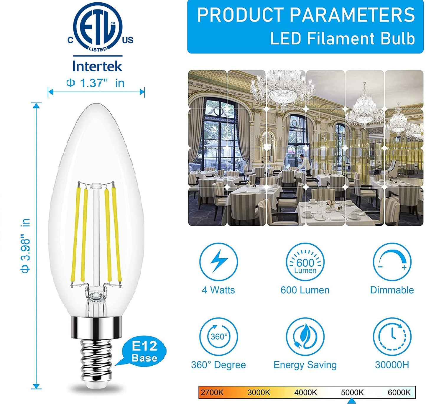 Honesorn LED Candelabra Bulb 5000K Daylight Dimmable 60W Equivalent Glass Pack of 6
