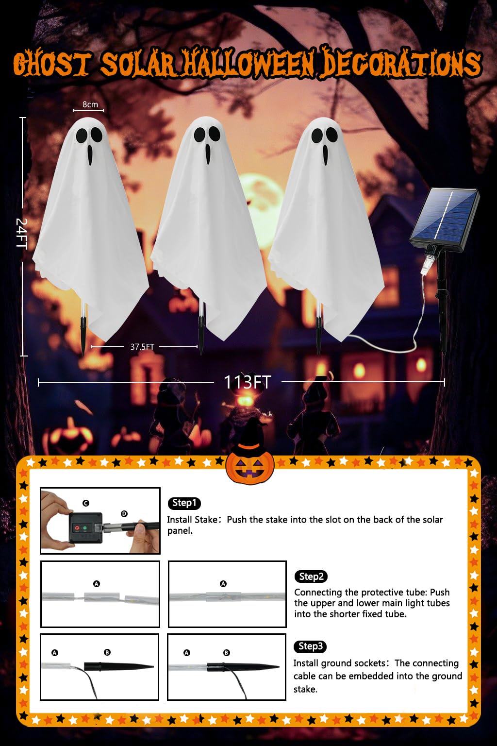Albelt 3-Pack Ghost Solar Powered Halloween Decorations, Warm White, 8 Modes, Waterproof, Model SSLGW