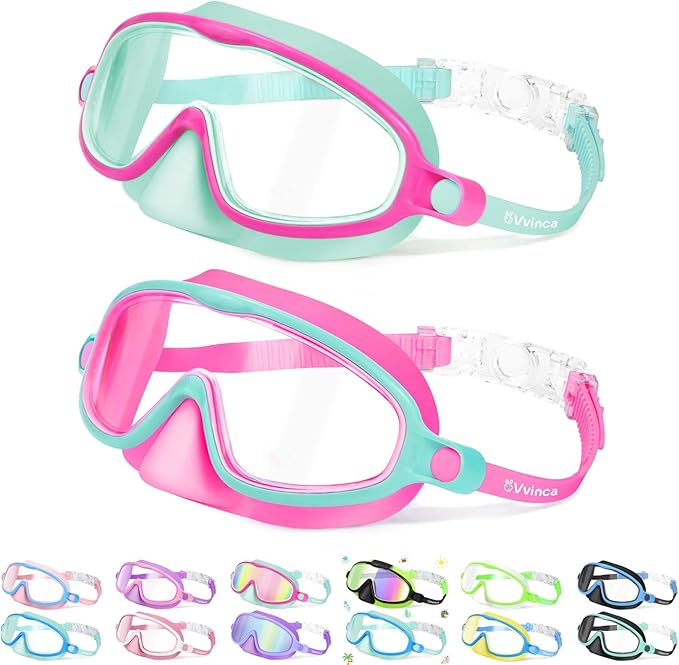 Vvinca 2 Pcs Kids-Swim-Goggles with Nose Cover, Swimming Diving Mask Wide View Anti Fog UV Anti Shattered Lens for Kids 3-5